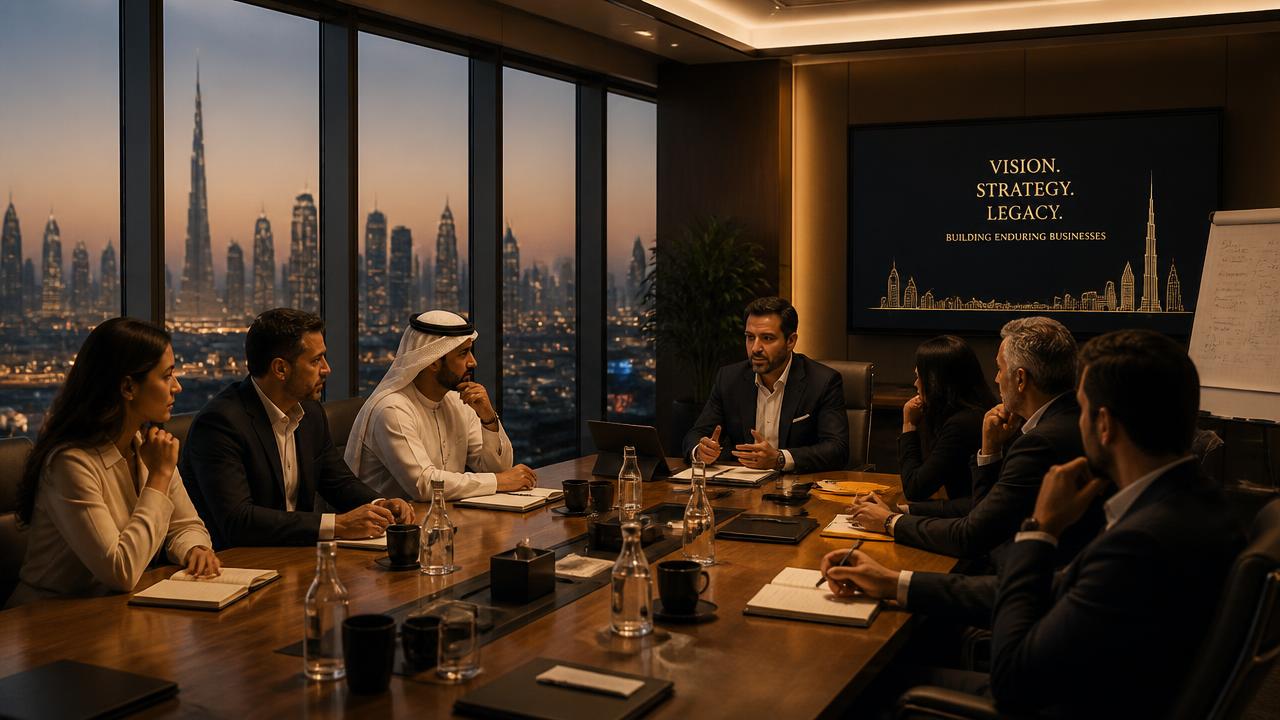 Business owners in conversation around a boardroom table